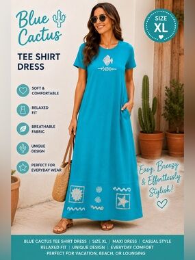 Blue Cactus Women's Teal Tee Shirt Maxi Dress